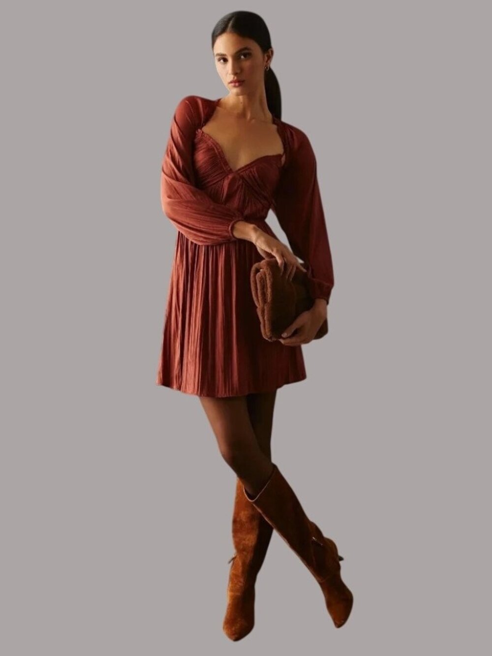 Anthropologie Rust Smocked Waist Mini Dress With Long Sheer Sleeves & Lined Skir